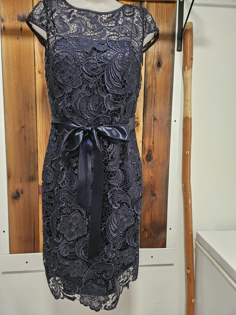 Adrianna Papell Navy Floral Lace Midi Dress with Satin Bow